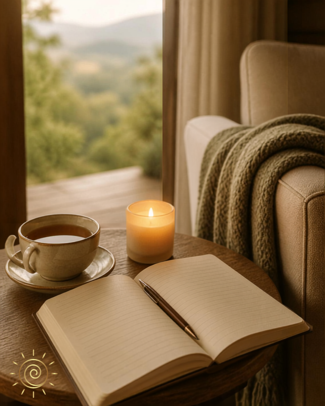 A cosy corner with tea, candle and open journal